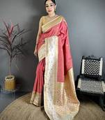 Pink soft silk small floral zari butti gold zari weaving banarasi saree