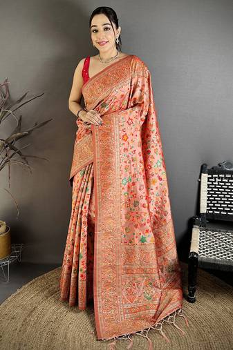 Peach pashmina silk meenakari weaving madhubani design kashmiri saree