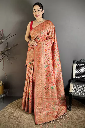 Peach pashmina silk meenakari weaving madhubani design kashmiri saree