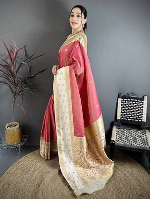Pink soft silk small floral zari butti gold zari weaving banarasi saree 2