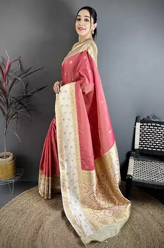 Pink soft silk small floral zari butti gold zari weaving banarasi saree