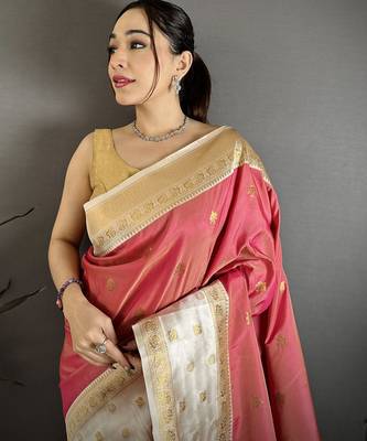Pink soft silk small floral zari butti gold zari weaving banarasi saree 3