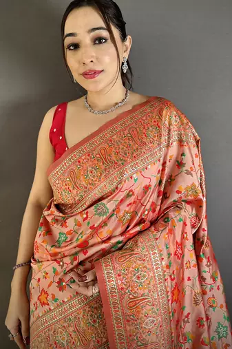 Peach pashmina silk meenakari weaving madhubani design kashmiri saree