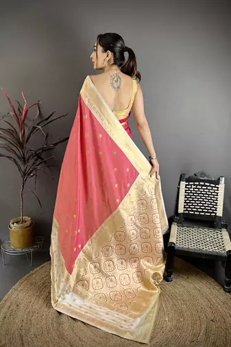 Pink soft silk small floral zari butti gold zari weaving banarasi saree