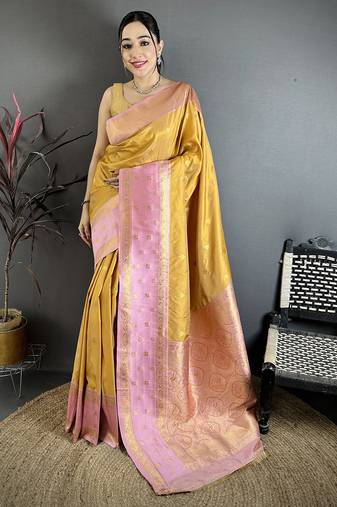 Mustard yellow soft silk small floral zari butti gold zari weaving banarasi saree