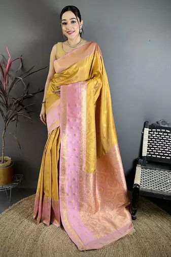 Mustard yellow soft silk small floral zari butti gold zari weaving banarasi saree