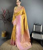 Mustard yellow soft silk small floral zari butti gold zari weaving banarasi saree