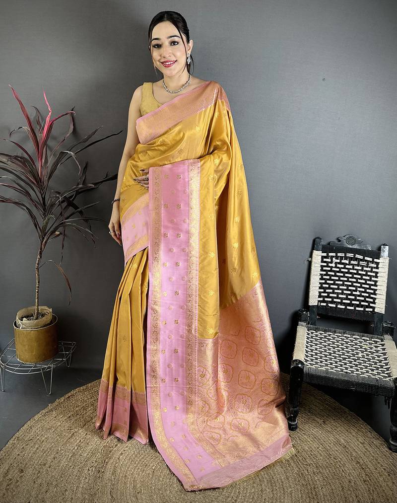 Mustard yellow soft silk small floral zari butti gold zari weaving banarasi saree