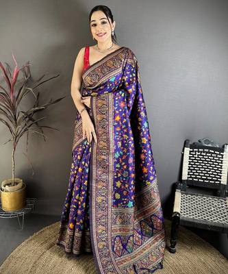 Purple pashmina silk meenakari weaving madhubani design kashmiri saree 1