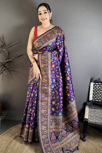 Purple pashmina silk meenakari weaving madhubani design kashmiri saree