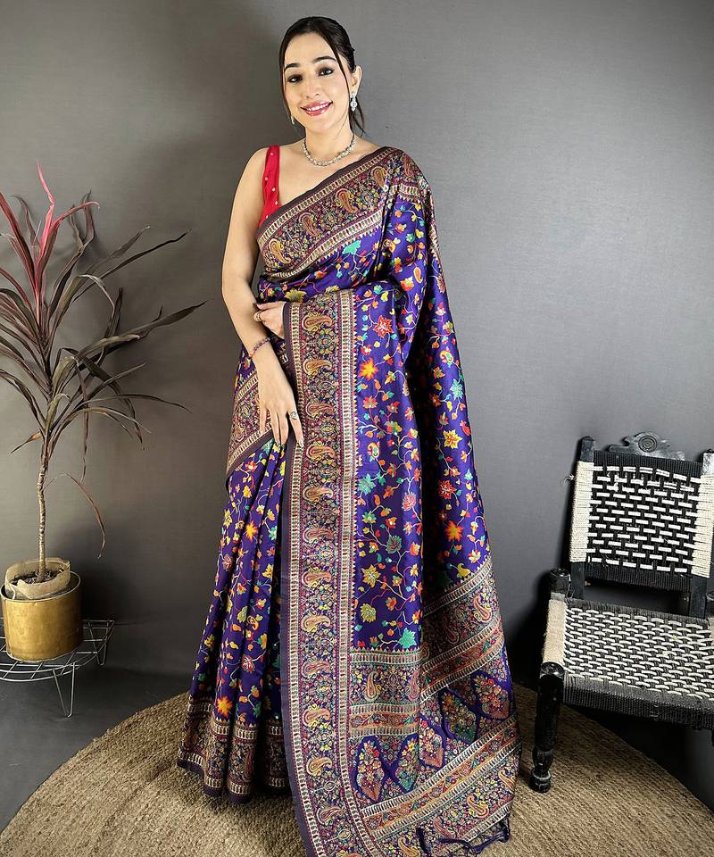 Purple pashmina silk meenakari weaving madhubani design kashmiri saree