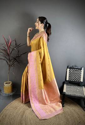 Mustard yellow soft silk small floral zari butti gold zari weaving banarasi saree 2