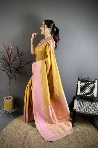 Mustard yellow soft silk small floral zari butti gold zari weaving banarasi saree