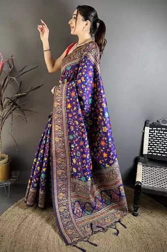 Purple pashmina silk meenakari weaving madhubani design kashmiri saree