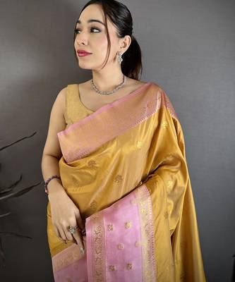 Mustard yellow soft silk small floral zari butti gold zari weaving banarasi saree 3