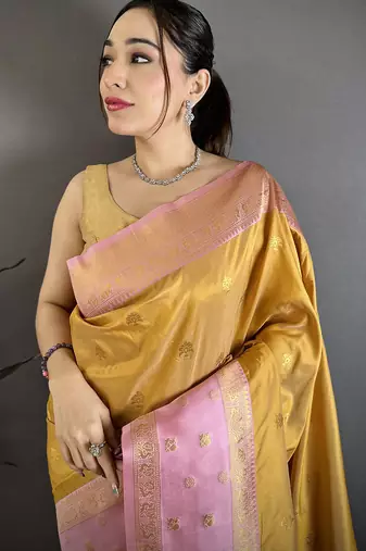 Mustard yellow soft silk small floral zari butti gold zari weaving banarasi saree
