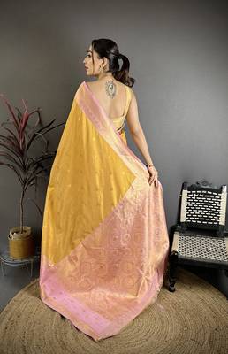 Mustard yellow soft silk small floral zari butti gold zari weaving banarasi saree 4