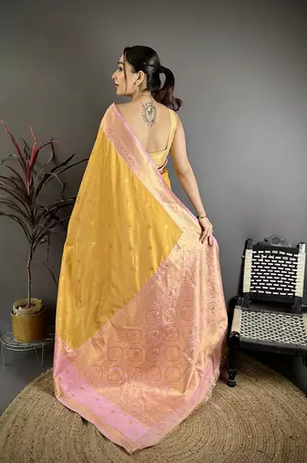 Mustard yellow soft silk small floral zari butti gold zari weaving banarasi saree