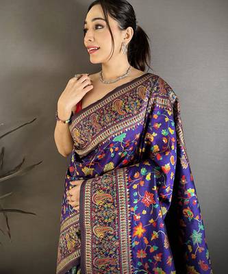 Purple pashmina silk meenakari weaving madhubani design kashmiri saree 3