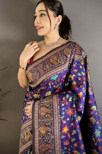 Purple pashmina silk meenakari weaving madhubani design kashmiri saree