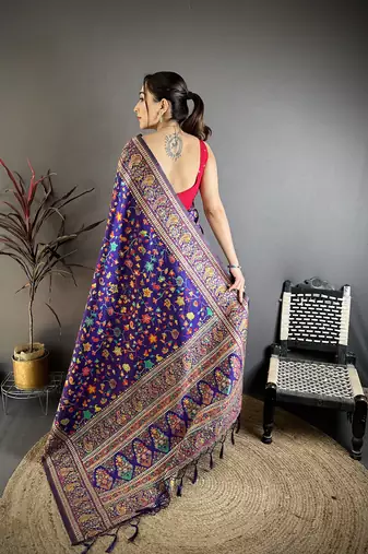 Purple pashmina silk meenakari weaving madhubani design kashmiri saree