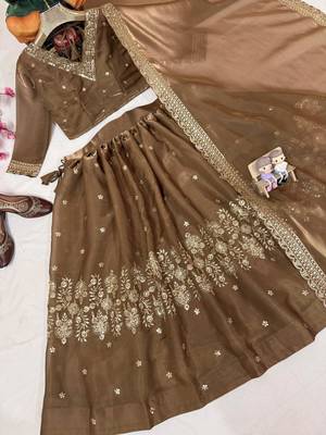 brown embroidered silk lehenga choli set with free size upto 44 2