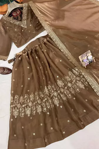 Brown Embroidered Silk Lehenga Choli Set