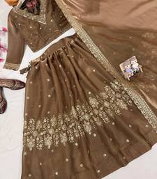 brown embroidered silk lehenga choli set with free size upto 44