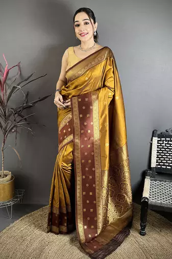 Golden bronze soft silk small floral zari butti gold zari weaving banarasi saree