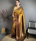 Golden bronze soft silk small floral zari butti gold zari weaving banarasi saree