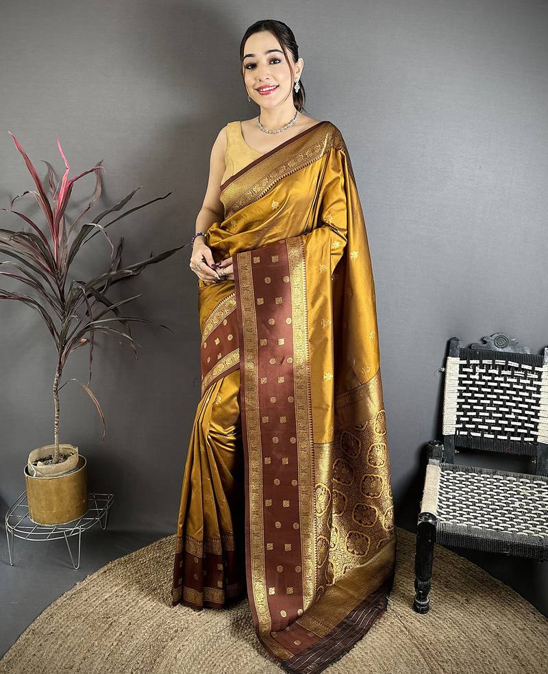 Golden bronze soft silk small floral zari butti gold zari weaving banarasi saree