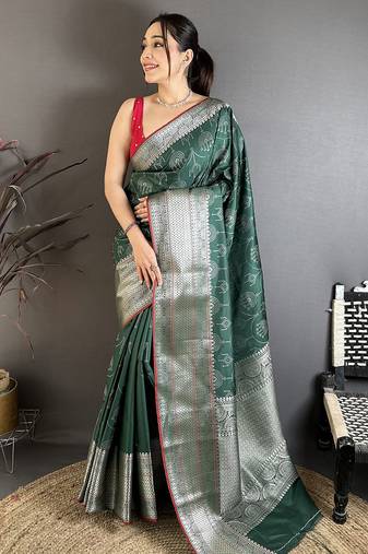 Dark green banarasi silk ajrakh print kanjivaram sarees