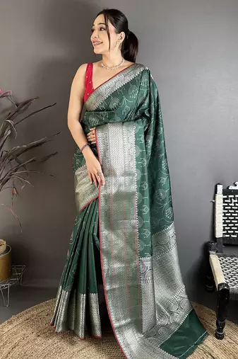 Dark green banarasi silk ajrakh print kanjivaram sarees