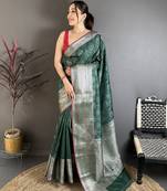 Dark green banarasi silk ajrakh print kanjivaram sarees