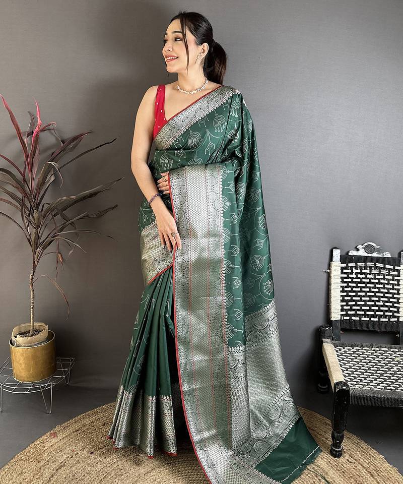 Dark green banarasi silk ajrakh print kanjivaram sarees