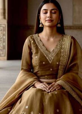 brown embroidered silk lehenga choli set with free size upto 44 3