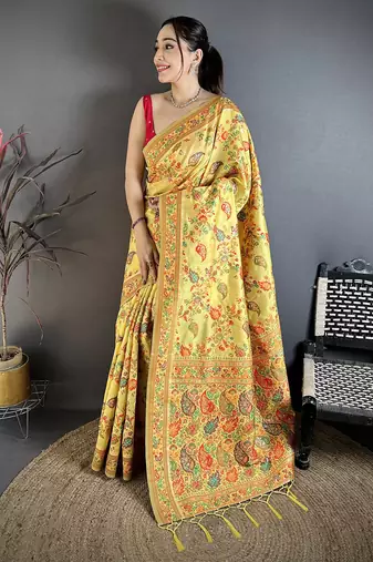 Yellow pashmina silk  floral & leaf elements madhubani design kashmiri saree