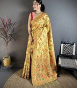 Yellow pashmina silk  floral & leaf elements madhubani design kashmiri saree
