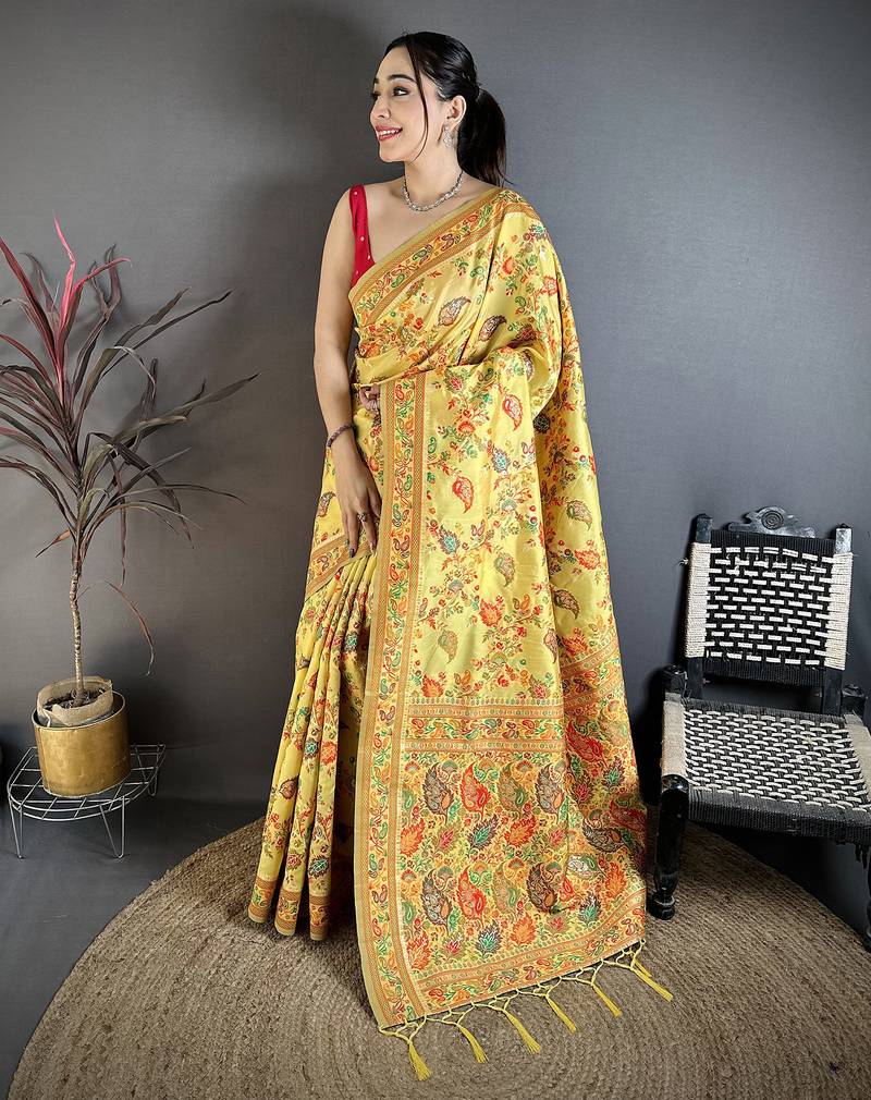 Yellow pashmina silk  floral & leaf elements madhubani design kashmiri saree