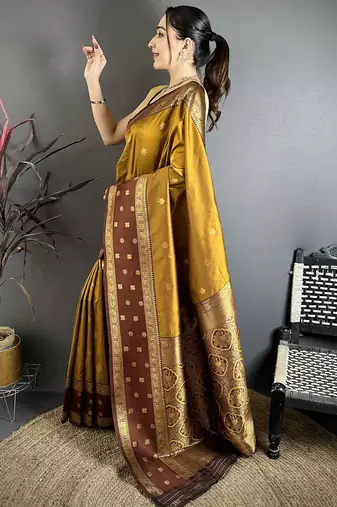 Golden bronze soft silk small floral zari butti gold zari weaving banarasi saree