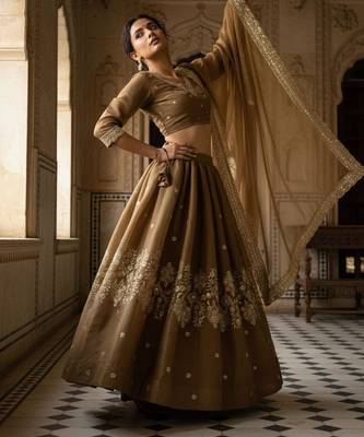 brown embroidered silk lehenga choli set with free size upto 44 4