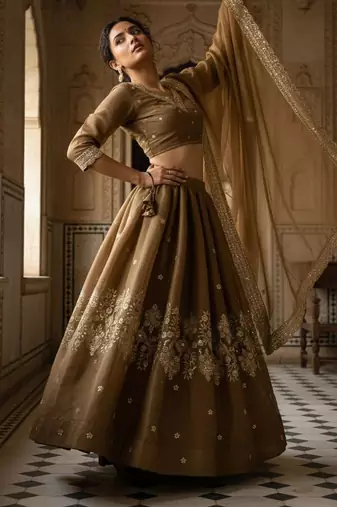 Brown Embroidered Silk Lehenga Choli Set