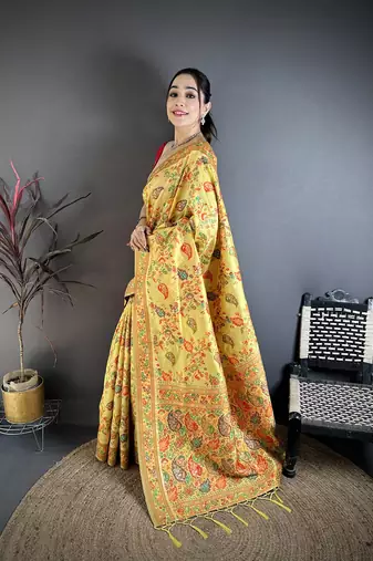 Yellow pashmina silk   floral & leaf elements madhubani design kashmiri saree