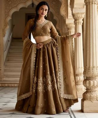 brown embroidered silk lehenga choli set with free size upto 44 1