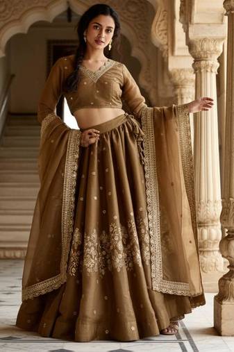 Brown Embroidered Silk Lehenga Choli Set