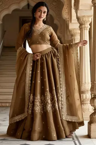 Brown Embroidered Silk Lehenga Choli Set