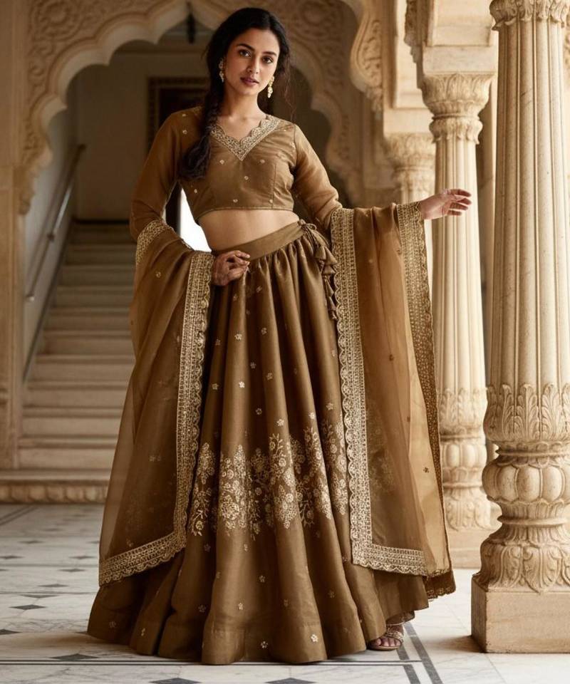 Brown Embroidered Silk Lehenga Choli Set
