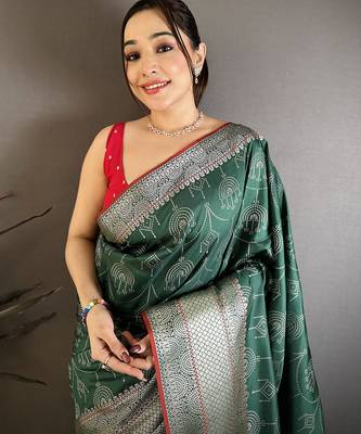 Dark green banarasi silk ajrakh print kanjivaram sarees 3