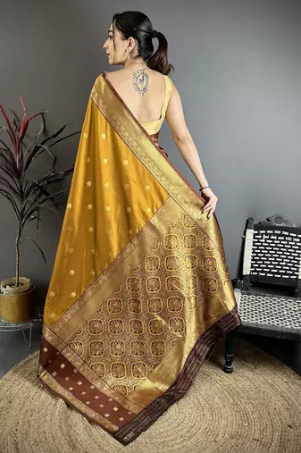 Golden bronze soft silk small floral zari butti gold zari weaving banarasi saree