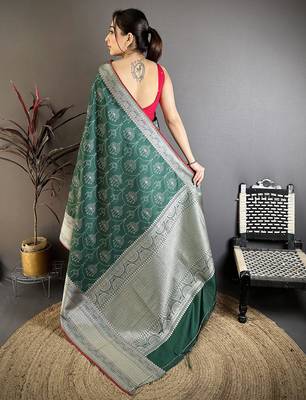 Dark green banarasi silk ajrakh print kanjivaram sarees 4